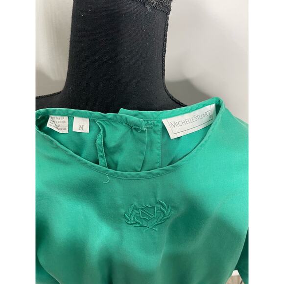 Michelle Stuart Vintage Fitted Blouse Short Sleeve Emerald Green Button Up Back - Picture 9 of 13